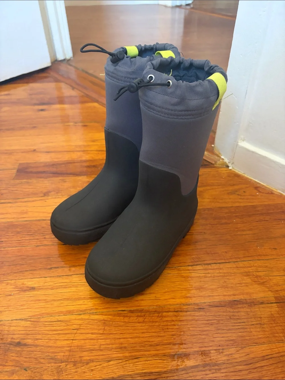 Target Kids Gray and Black Rain Boots with Yellow Pull Tabs